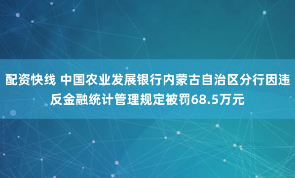 配资快线 中国农业发展银行内蒙古自治区分行因违反金融统计管理规定被罚68.5万元